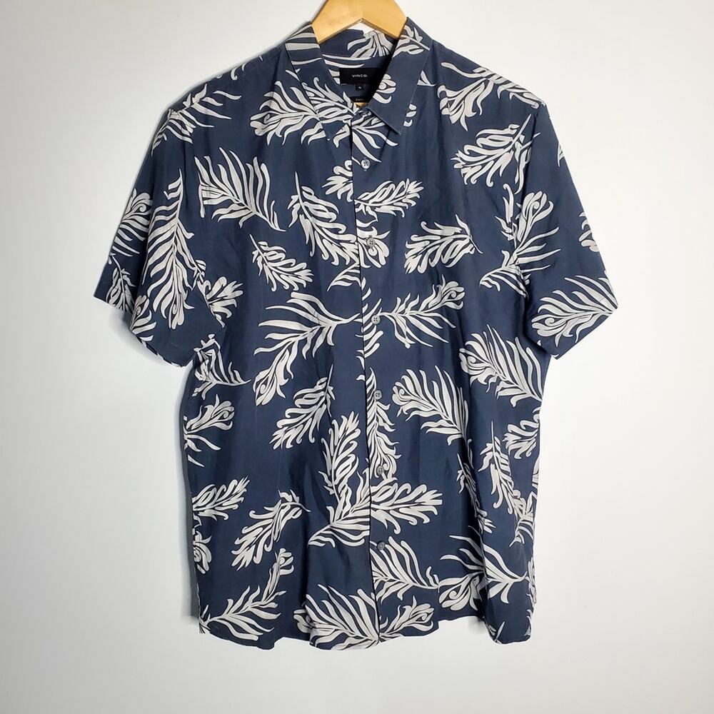 Vince men's Classic fit grey & White floral button Short Sleeve Casual Shirt XL